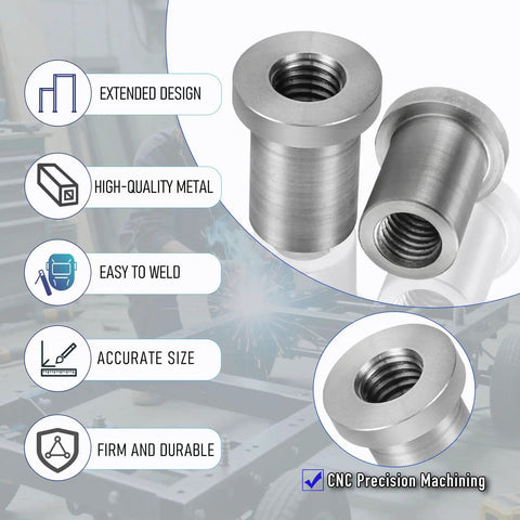Heavy Duty Weld On Nuts One Half Inch Thirteen Threaded Female Stepped Bung Hardware For Auto Chassis Mounting close-up of two nuts, showing extended design and CNC precision machining.