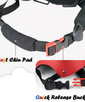 Close-up of adjustable kids bike helmet's quick release buckle and soft chin pad, red color, multi sport use.