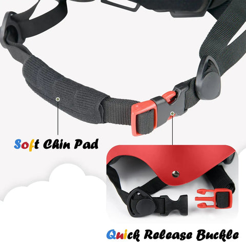 Close-up of adjustable kids bike helmet's quick release buckle and soft chin pad, red color, multi sport use.