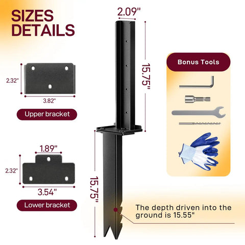Diagram with sizes of Fence Post Repair Kit, 4-Piece Heavy Duty Ground Stakes, showing brackets, dimensions, and included gloves and tools.