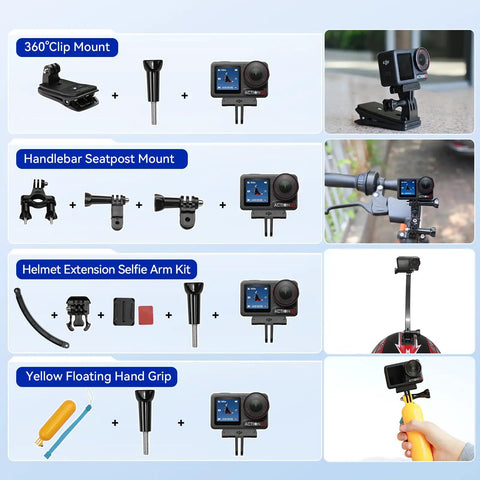 Rock Solid Waterproof Action Camera Bundle Shoots Clean 4K With Large Sensor Extra Batteries High Speed Memory Card And Loaded Mount Kit, showing various mounts.