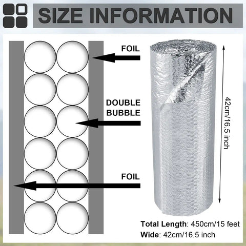 Double Bubble Reflective Foil Insulation Roll 16.5 Inch Wide By 15 Feet Long Aluminum Foam Window Insulation For Summer In RVs Attics And Garages Weatherproof Easy To Fold And Store Keeps It Chill Inside size diagram
