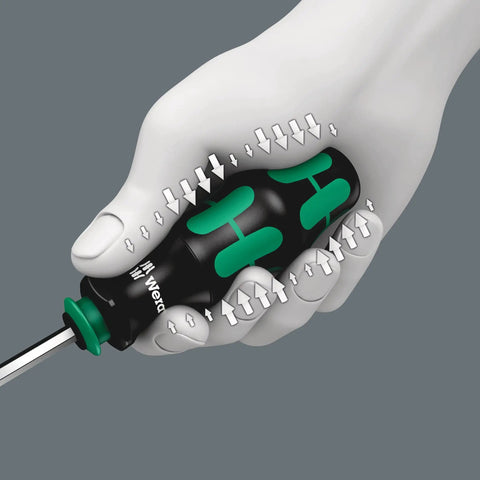 Kraftform Kompakt 20 7-Piece Bit Kit With Pouch, ergonomic handle in hand, showcasing grip design for comfortable work.
