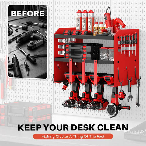 Heavy Duty Drill Tool Organizer Wall Mount With 120Lb Load Capacity, 3 tier storage rack, 4 drill holders, pegboard installed