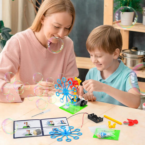 Mother and child assembling Six In One STEM Robotics Kit For Kids Ages Eight To Twelve With Bubble Machine