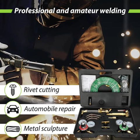 Pro Grade Oxygen And Acetylene Welding Torch Kit With Portable Cutting Tool Set 17 Piece Includes Hoses Goggles 3 Rods And 1 Cutting Nozzle Heavy Duty Welder for home shop use with case