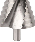 Upgrade Your Hardware Game With This Rad Step Drill Bit Set Ranging From Six To Sixty Millimeters Perfect For Chopping Clean Holes In Metal Plastic Aluminum And Steel Featuring Dual Wave Debris Removal For Zero Clogging And Heavy Duty Engraved Sizing So. close-up steel step drill bit with engraved 40-60mm sizes