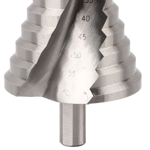 Upgrade Your Hardware Game With This Rad Step Drill Bit Set Ranging From Six To Sixty Millimeters Perfect For Chopping Clean Holes In Metal Plastic Aluminum And Steel Featuring Dual Wave Debris Removal For Zero Clogging And Heavy Duty Engraved Sizing So. close-up steel step drill bit with engraved 40-60mm sizes
