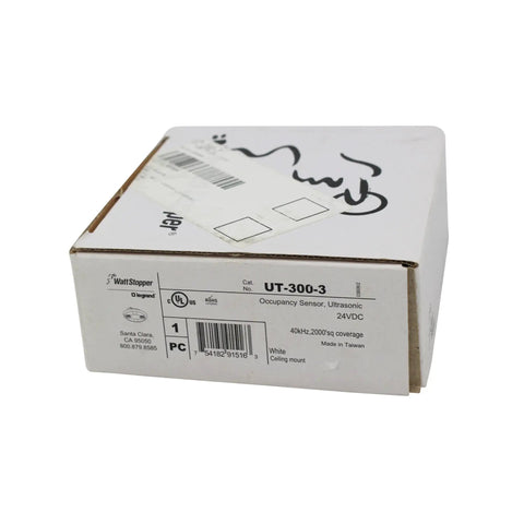 Box of Ultrasonic Ceiling Occupancy Sensor UT-300-3 For Big Spaces Up To 2000 Sq Ft, 24VDC, 40kHz, 360 Degree Coverage, White