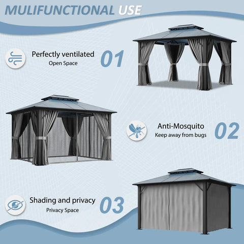 Multiple views of 10x12 Hardtop Aluminum Framed Outdoor Gazebo With Double Polycarbonate Roof for Patio And Garden Hangout