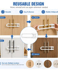 Reusable no adhesive dual handle cabinet locks in use, childproofing cabinets without damage, shown on various cupboard handles