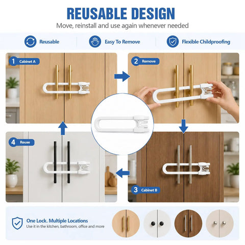 Reusable no adhesive dual handle cabinet locks in use, childproofing cabinets without damage, shown on various cupboard handles