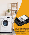 Close-up of GE/Hotpoint washer lid lock switch assembly; black plastic module with a QR code label.