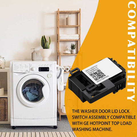 Close-up of GE/Hotpoint washer lid lock switch assembly; black plastic module with a QR code label.