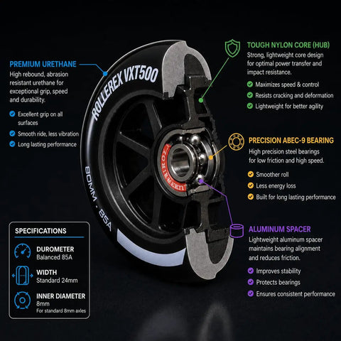 Durable 76mm Inline Skate Wheels 2-Pack With Optional Bearings Spacers And Washers For Ultra Smooth Indoor And Outdoor Skating Steel Black Finish cross-section view