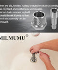 Heavy Duty Tub Drain Extractor Kicks Out Stubborn Bathroom Clogs Fast Fits 1.52 To 1.70 Inches shown in use removing drain assembly.