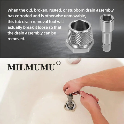 Heavy Duty Tub Drain Extractor Kicks Out Stubborn Bathroom Clogs Fast Fits 1.52 To 1.70 Inches shown in use removing drain assembly.