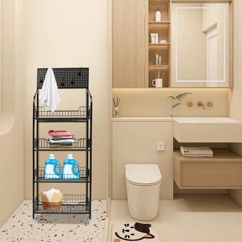 Heavy Duty 4 Tier Wire Shelving Storage Rack With Tough As Nails Metal Shelves and Raised Edge Baffles with towels and laundry supplies.