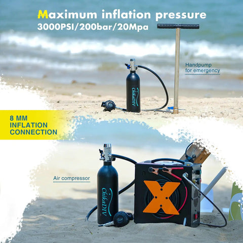 1L Mini Scuba Tank with hand pump and air compressor for diving, beachside scene