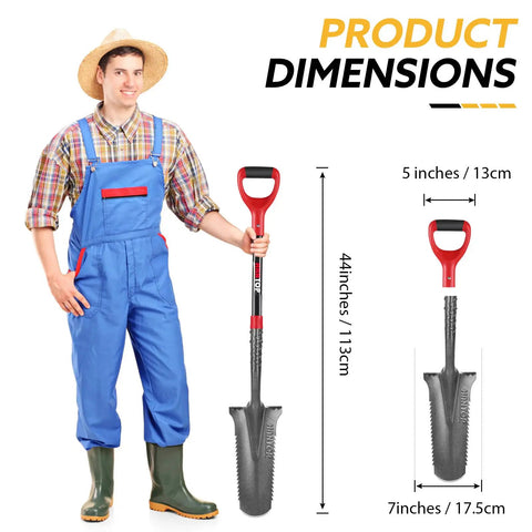 Man in overalls holding Deep Digging Spade For Garden And Yard Work Narrow Shovel With Serrated Edge, showing 44-inch size dimensions