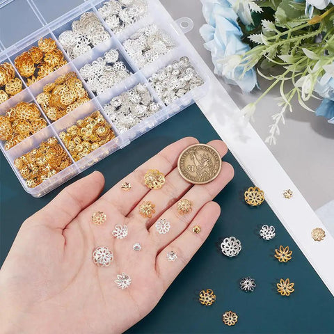 Two Tone Flower Bead End Caps Set With 1260 Pcs Iron Filigree Bead Caps Gold Spacer Beads iron caps in hand and box