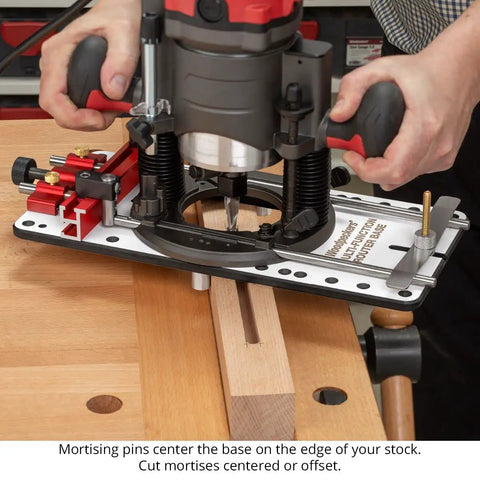 Solid Multi Function Router Base Built With Tough Three Eighth Inch Guide Rods For Dead On Edge Guidance with mortising pins.