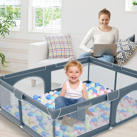 Monster Sized 71 By 59 Inch Baby Playpen For Toddlers Indoor Outdoor With Gate, child playing inside with colorful balls