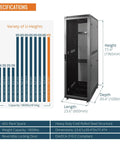 Specifications for Heavy Duty 42U Server Rack Network Cabinet Built For 19 Inch Servers Featuring Secure Locking Mesh Doors Black.