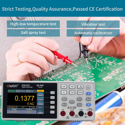 Hands using Portable Digital Multimeter With Three Point Five Inch TFT LCD Backlit Screen 55000 Counts True RMS Dual Line Display on circuit board