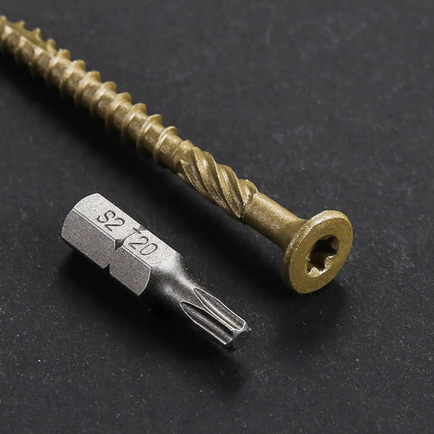 Top Shelf Exterior Deck Screws Size 8 X 1 Inch 560 Piece Pack T20 Torx Wood Fasteners with bronze epoxy coating and driver bit.