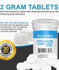 Front view of CleanEspresso espresso machine cleaning tablets bottle with blue label and 40 count scattered white tablets