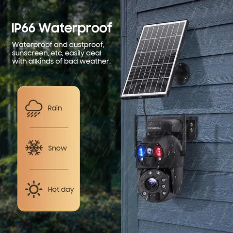Rugged 4G LTE Solar Security Camera With 50X Optical Zoom installed outdoors on a wall, showing IP66 waterproof solar panel setup