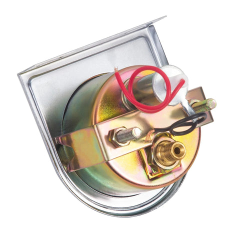 YullSorom oil pressure gauge kit back view with chrome round gauge, brass fittings, red plastic tube and black and red wires
