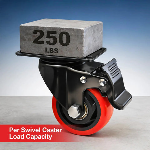 Tough As Nails 3 Inch Heavy Duty Caster Wheels With Dual Swivel Brakes Set Of 2 Polyurethane Silent Rollers with 250 lb load.
