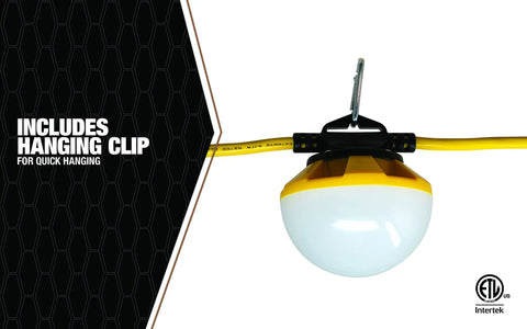 Bright Yellow LED String Lights 100 Foot Kit With 1200 Lumen LED Heads 120V AC includes hanging clip shown