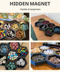 Hexagonal Magnetic Board Game Tray Organizer Set With Flexible Layouts 7 Pack for storing dice, pieces, cards, tokens in sleek black.