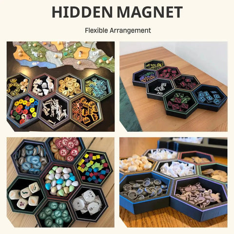Hexagonal Magnetic Board Game Tray Organizer Set With Flexible Layouts 7 Pack for storing dice, pieces, cards, tokens in sleek black.