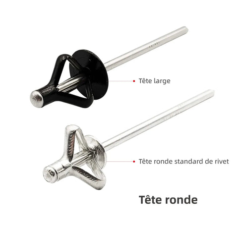 50 Pcs Tri Fold Aluminum Blind Rivets Set Tri Grip Exploding Bulb Style Pop Rivets For Auto Body And Soft Or Plastic Materials All Black Three Sixteenth Inch By Forty Five Sixty Fourth Inch Large Head Five Eighth Inch, showing comparison with standard round head rivet in close-up view.