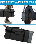 Finnhomy 100L rolling duffel bag; dark gray with light gray end panels, wheels, shoulder strap, front and side views