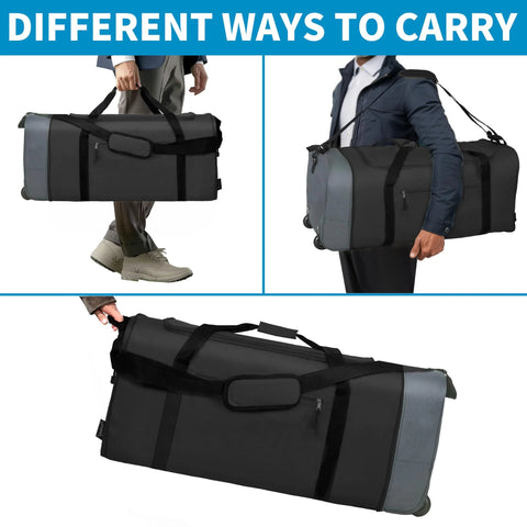 Finnhomy 100L rolling duffel bag; dark gray with light gray end panels, wheels, shoulder strap, front and side views