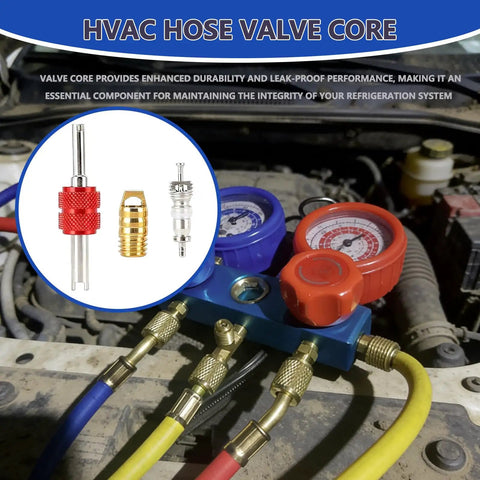 HVAC Hose Gasket Repair Kit With Valve Cores And Seals, 85 Piece Auto Air Conditioning DIY Friendly Maintenance Set, gauges and cores shown