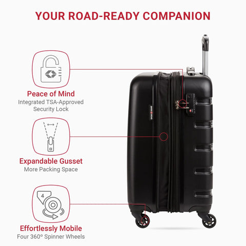 SwissGear 7366 hardside carry-on luggage, black, side view with TSA lock, expandable gusset, four 360° spinner wheels