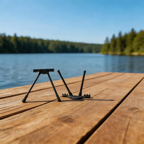 Hella Solid Folding Replacement Table Legs With Adjustable Height Support Stand For Outdoor Camping And Backyard Hangouts on wooden dock by lake.