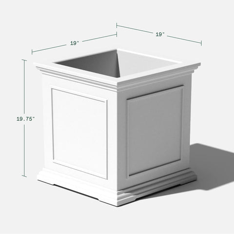 Cube Plastic Planter For Indoor And Outdoor Use, All Weather Durable Square Plant Pot With Drainage Holes, Great For Flowers Tall Plants And Trees, Modern Estate Style For Patio Or Front Porch, white cube with panel design, 19x19x19 inches.