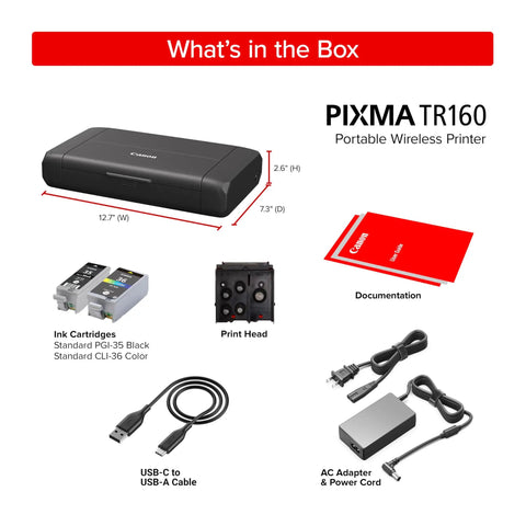 On The Go Wireless Portable Printer With 50 Sheet Paper Tray And 1.44 Inch Display, cables, ink cartridges, and documentation.