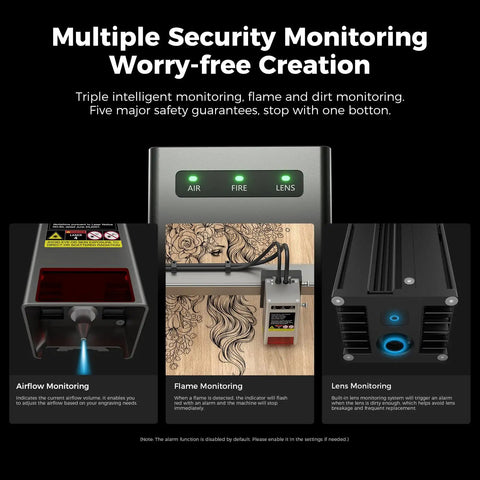 Security features of Falcon2 Pro 40W Laser Engraver Desktop Diode With Integrated Enclosure And Camera For Batch Processing Air Assist