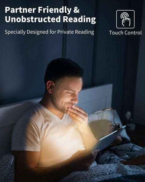 Man reading in bed using Rechargeable Clip On Reading Light With 14 LEDs, 3 Color Modes And 8 Brightness Levels, Black