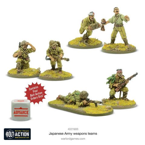 Ready To Paint 28mm World War II Japanese Army Weapons Team Miniatures Pack with 6 unpainted figures for Bolt Action.