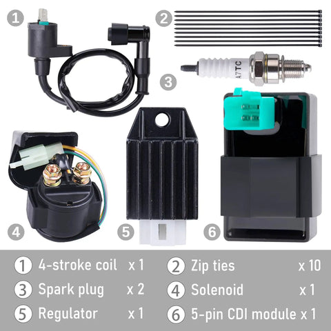 Beefed Up Ignition Coil 5 Pin CDI Box Solenoid Relay Voltage Regulator With Spark Plug Set For 50cc 70cc 90cc 110cc 125cc ATVs