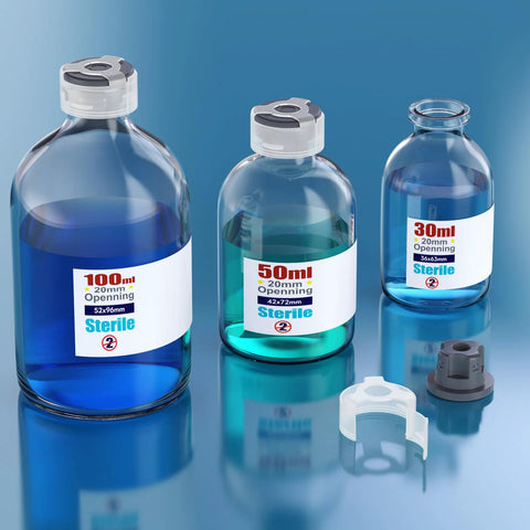 Set of three sterile glass vials with locking caps and butyl rubber self-healing ports (30ml, 50ml, 100ml)